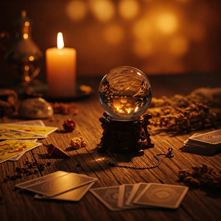 Image d'un oracle avec des cartes et des symboles de la nature.